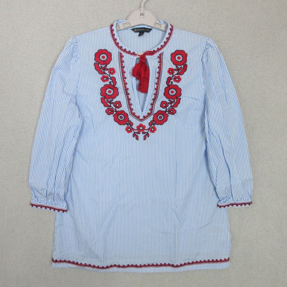 Brooks Brothers Blue White Striped Embroidered Floral Tassel Tunic Top Womens S